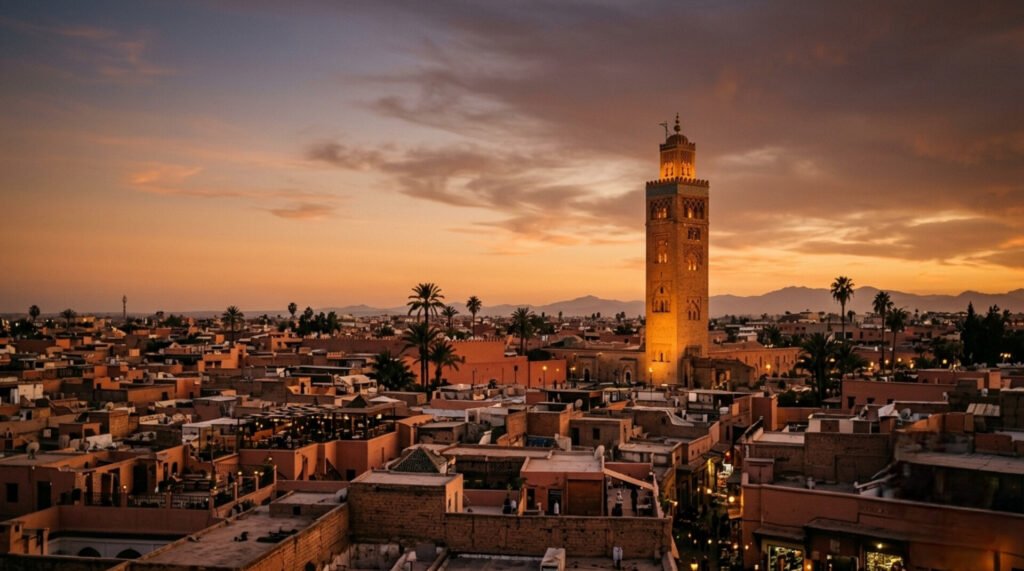 Koutoubia Mosque and Marrakech skyline at sunset