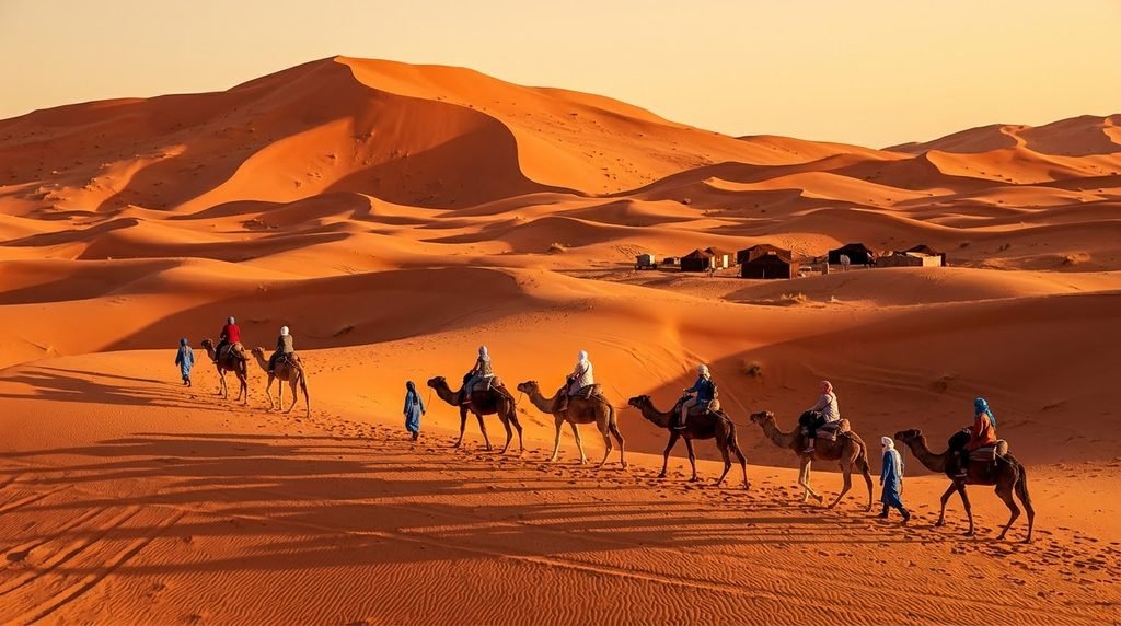 Camel trekking across the Merzouga Sahara Desert in Morocco
