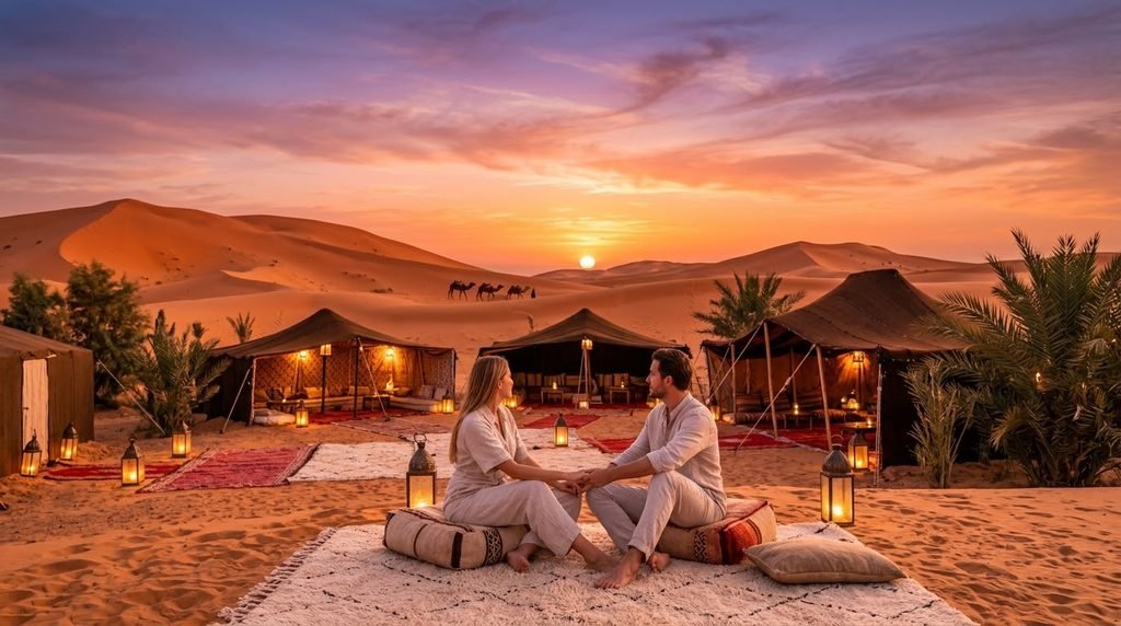  Couple watching sunset at a Moroccan desert camp